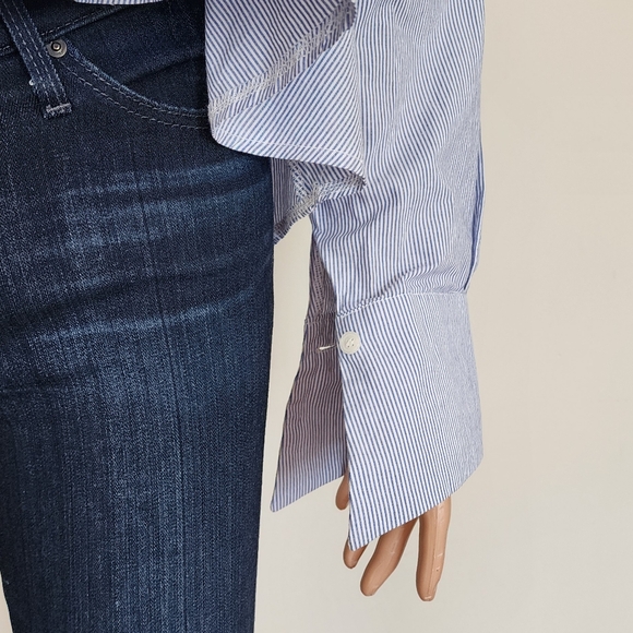STORETS PINSTRIPE BLUE WHITE SMOCKING OFF THE SHOULDER FLOWY SHIRT TOP ONE SIZE - Picture 11 of 16
